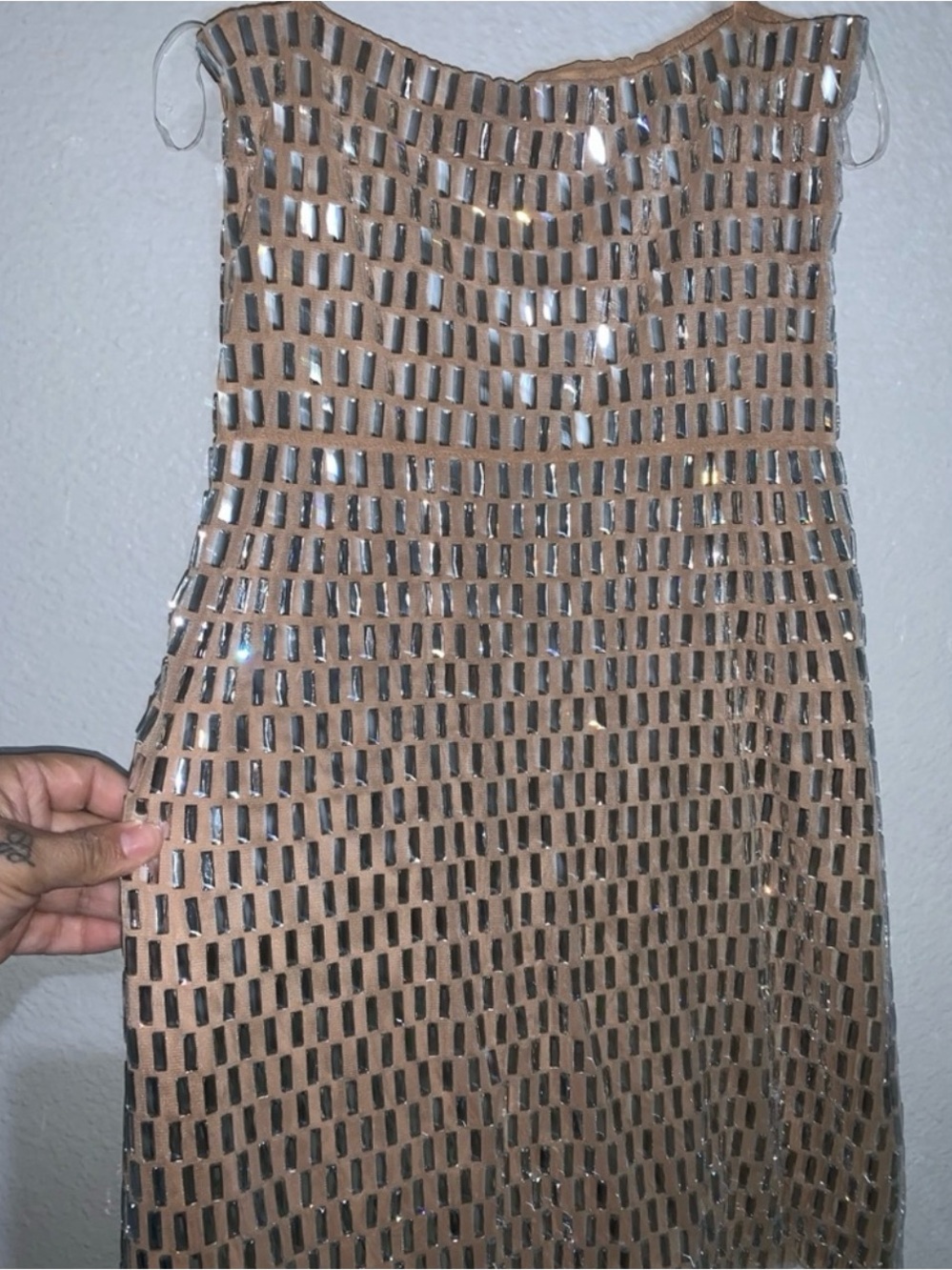 OH POLLY EUC BEAUTIFUL DRESS Strappy Metallic Nude Mini Dress 👗 SZ8 - Picture 6 of 7